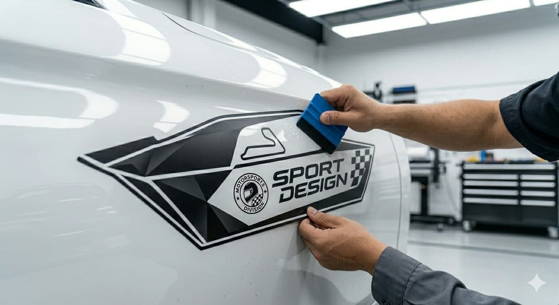カッティングシートを車のボディに貼る作業の様子
