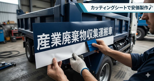 産業廃棄物収集運搬車のドアに貼られた法定表示カッティングシールの施工例