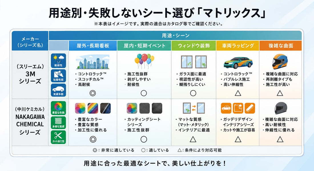 用途別・失敗しないカッティングシート選びマトリクス｜3M・中川ケミカル対応表
