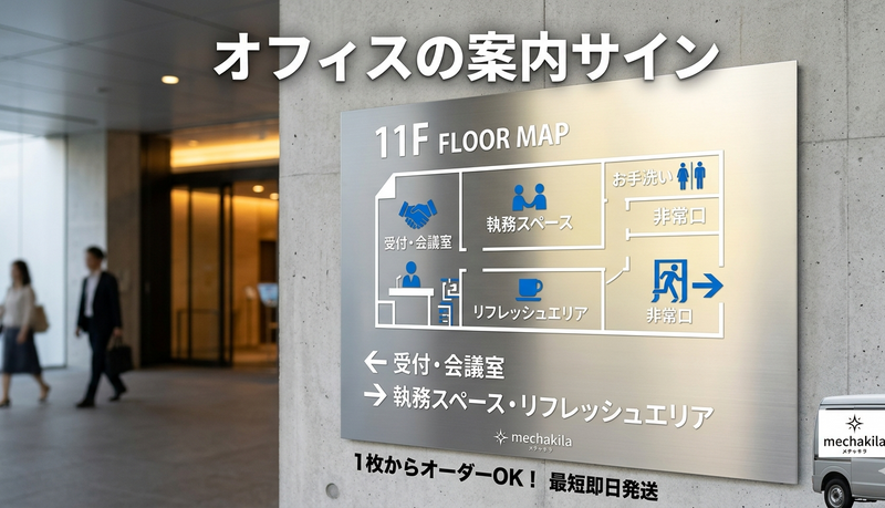 オフィスビルの11Fフロアマップ案内サイン。メチャキラの精密カッティングシートによる切り文字サイン施工例。1枚からオーダーOK。