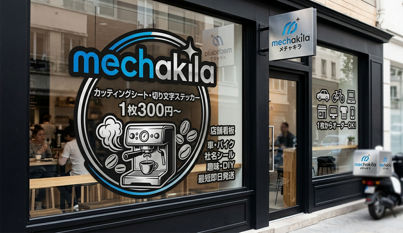 カフェの窓ガラスへの大きなロゴ・コーヒーマシンのイラスト入りカッティングシート施工例。デリバリーバイクのボックスへのロゴステッカー活用と、店舗看板・最短即日発送の案内。